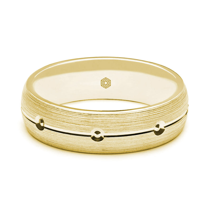 Horizontal Shot of Mens Matte Finish 9ct Yellow Gold Court Shape Wedding Ring With Central Groove and Diamond Cut Details