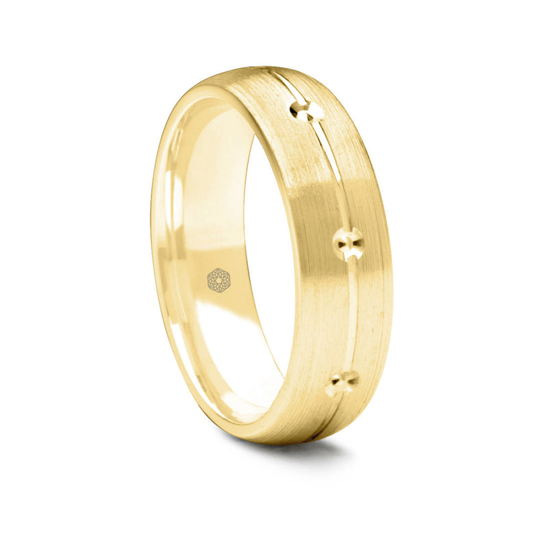Mens Matte Finish 9ct Yellow Gold Court Shape Wedding Ring With Central Groove and Diamond Cut Details