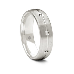 Mens Matte Finish Palladium 500 Court Shape Wedding Ring With Central Groove and Diamond Cut Details