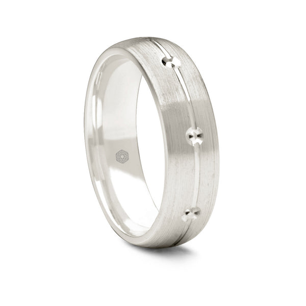 Mens Matte Finish Platinum 950 Court Shape Wedding Ring With Central Groove and Diamond Cut Details