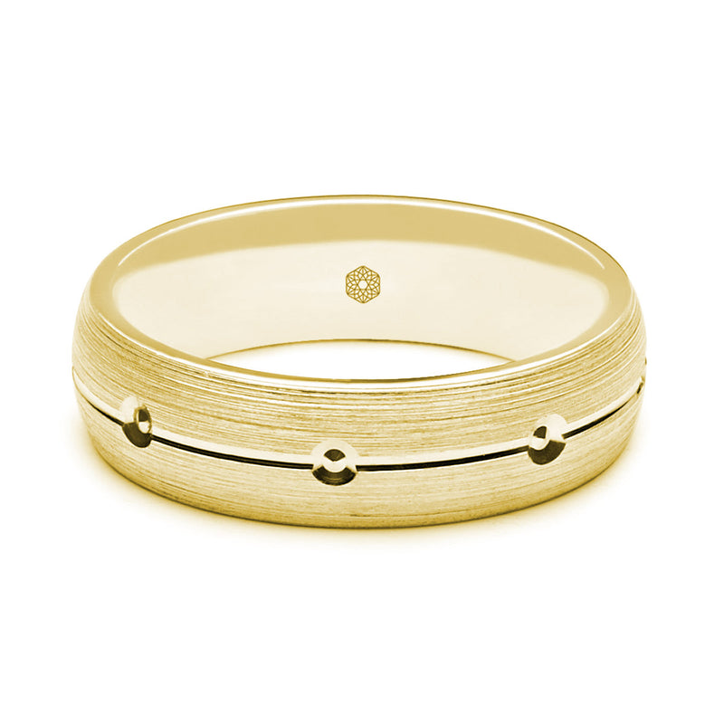 Horizontal Shot of Mens Matte Finish 18ct Rose Gold Court Shape Wedding Ring With Central Groove and Diamond Cut Details