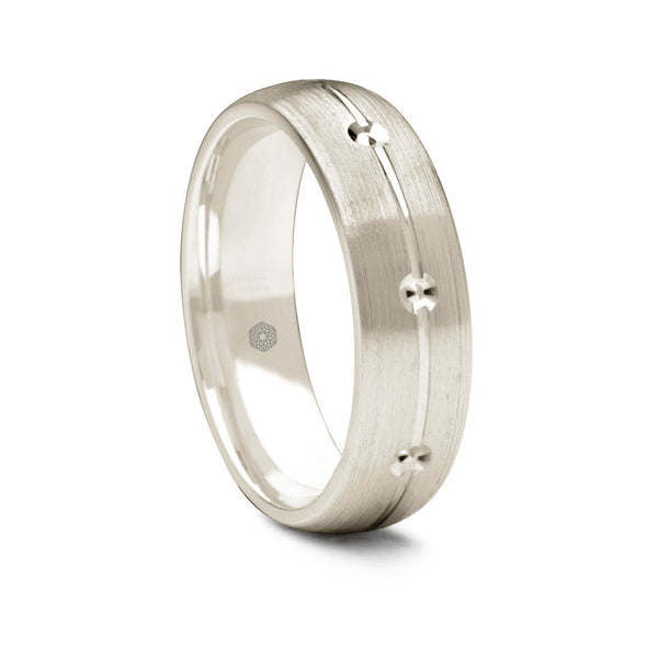 Mens Matte Finish 18 ct White Gold Court Shape Wedding Ring With Central Groove and Diamond Cut Details