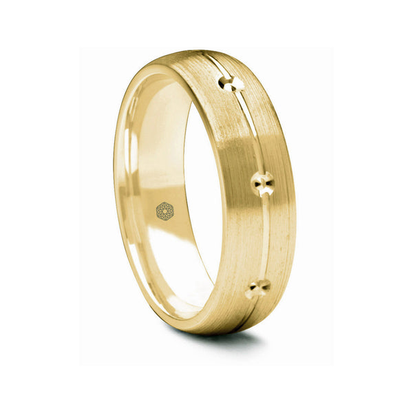 Mens Matte Finish 18ct Yellow Gold Court Shape Wedding Ring With Central Groove and Diamond Cut Details