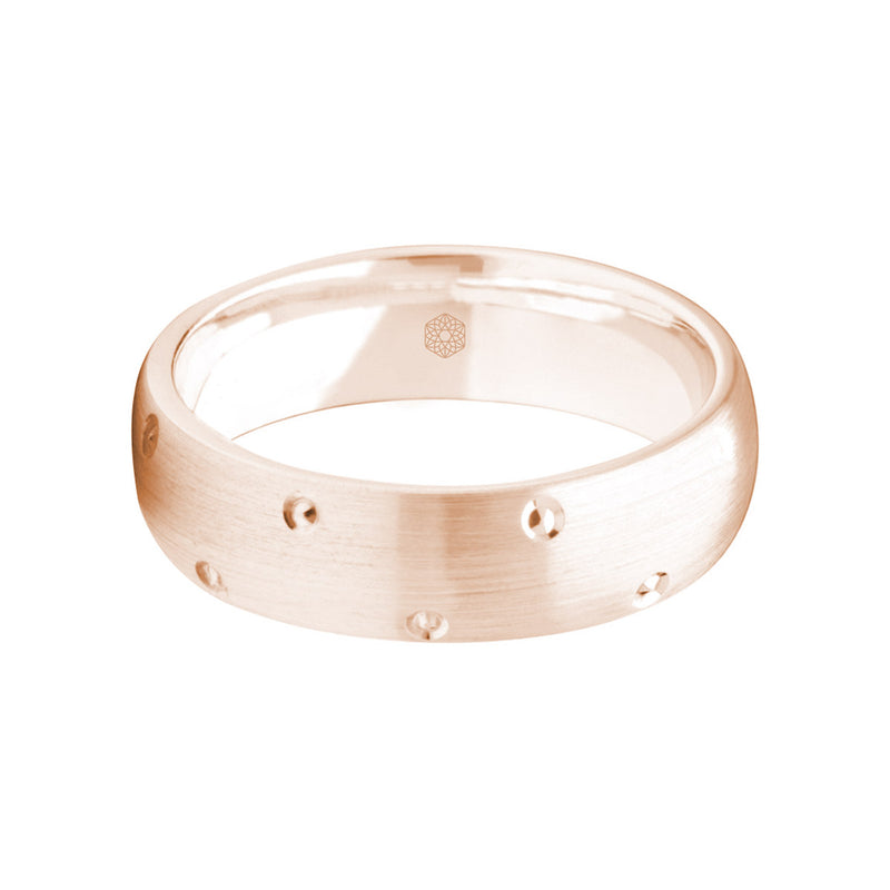 Horizontal Shot of Mens Satin Finish 9ct Rose Gold Court Shape Wedding Ring with Diamond Cut Details