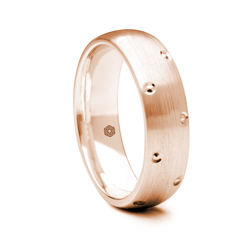 Mens Satin Finish 9ct Rose Gold Court Shape Wedding Ring with Diamond Cut Details