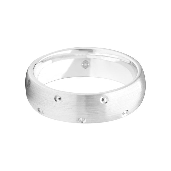 Horizontal Shot of Mens Satin Finish 9ct White Gold Court Shape Wedding Ring with Diamond Cut Details