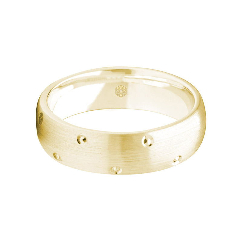 Horizontal Shot of Mens Satin Finish 9ct Yellow Gold Court Shape Wedding Ring with Diamond Cut Details