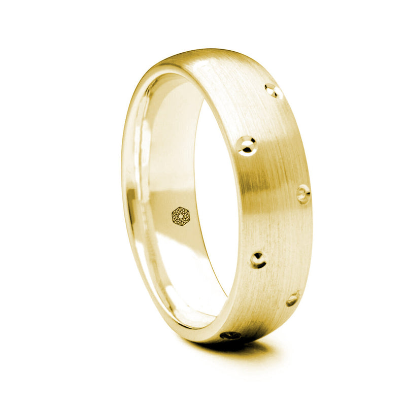 Mens Satin Finish 18ct Yellow Gold Court Shape Wedding Ring with Diamond Cut Details