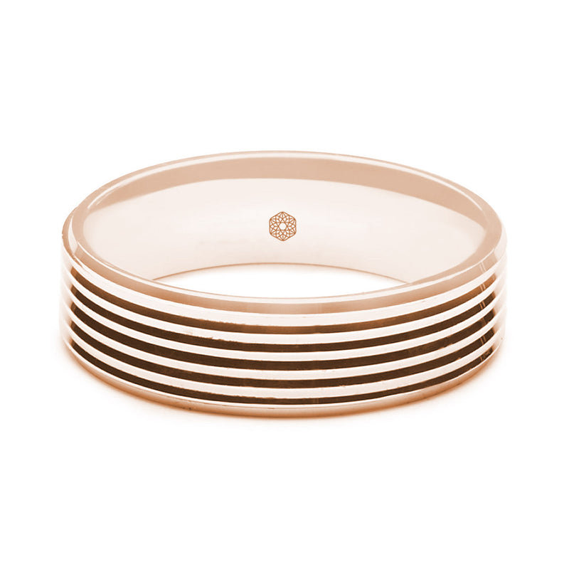 Horizontal Shot of Mens Polished 9ct Rose Gold Flat Court Shape Wedding Ring with Millgrain Edges and Groove Pattern