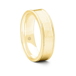 Mens Polished 9ct Yellow Gold Flat Court Shape Wedding Ring with Millgrain Edges and Groove Pattern