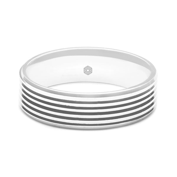 Horizontal Shot of Mens Polished Platinum 950 Flat Court Shape Wedding Ring with Millgrain Edges and Groove Pattern