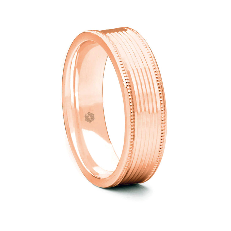 Mens Polished 18ct Rose Gold Flat Court Shape Wedding Ring with Millgrain Edges and Groove Pattern