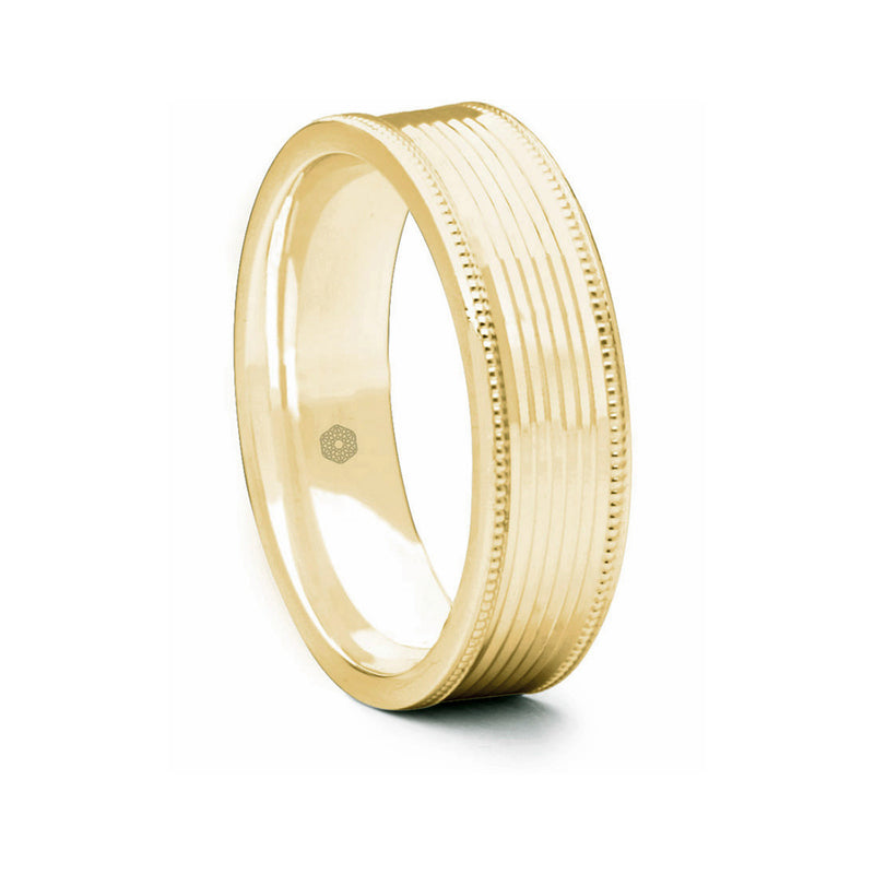 Mens Polished 18ct Yellow Gold Flat Court Shape Wedding Ring with Millgrain Edges and Groove Pattern