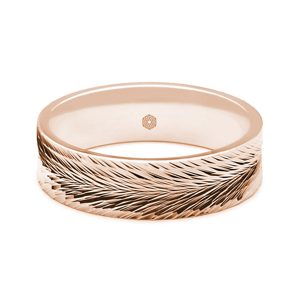 Horizontal Shot of Mens Polished 9ct Rose Gold Flat Court Wedding Ring With Feathered Pattern