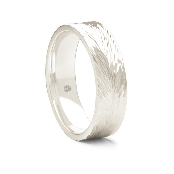 Mens Polished 9ct White Gold Flat Court Wedding Ring With Feathered Pattern