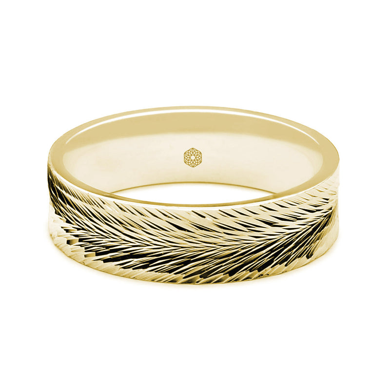 Horizontal Shot of Mens Polished 9ct Yellow Gold Flat Court Wedding Ring With Feathered Pattern