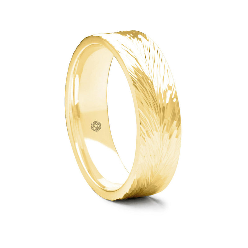 Mens Polished 9ct Yellow Gold Flat Court Wedding Ring With Feathered Pattern