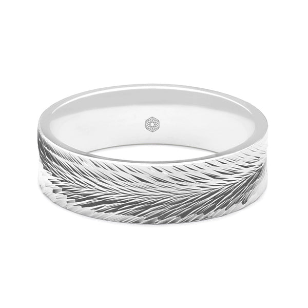 Horizontal Shot of Mens Polished Platinum 950 Flat Court Wedding Ring With Feathered Pattern