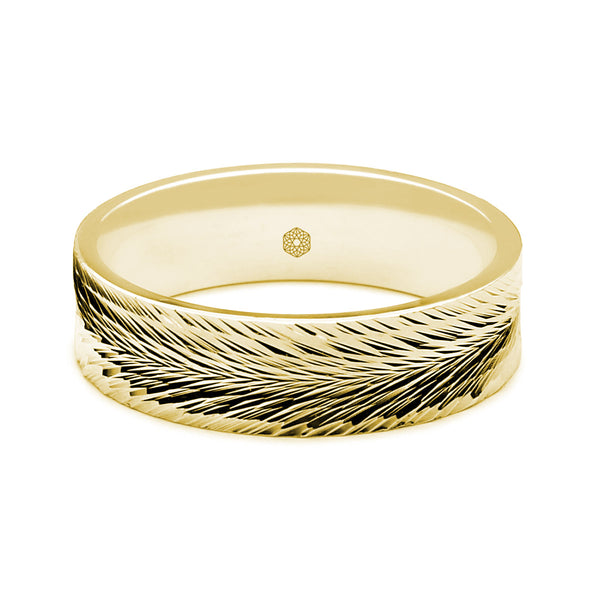 Horizontal Shot of Mens Polished 18ct Rose Gold Flat Court Wedding Ring With Feathered Pattern