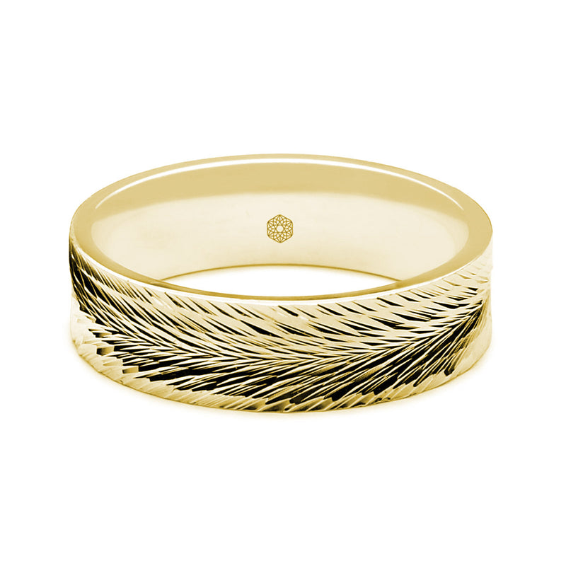 Horizontal Shot of Mens Polished 18ct Rose Gold Flat Court Wedding Ring With Feathered Pattern