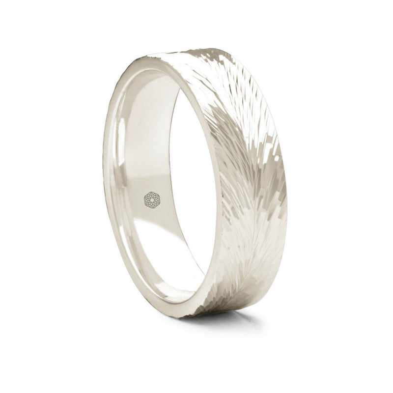 Mens Polished 18ct White Gold Flat Court Wedding Ring With Feathered Pattern