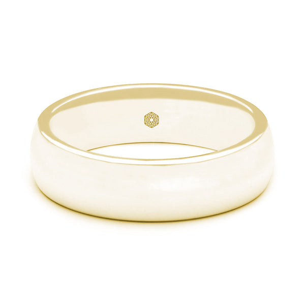 Horizontal Shot of Mens Satin Finish 9ct Yellow Gold Court Shape Wedding Ring With Polished Angled Edges