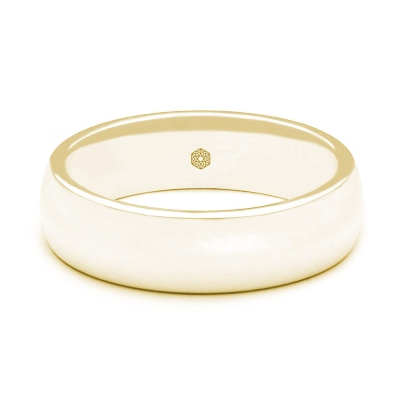 Horizontal Shot of Mens Satin Finish 9ct Yellow Gold Court Shape Wedding Ring With Polished Angled Edges