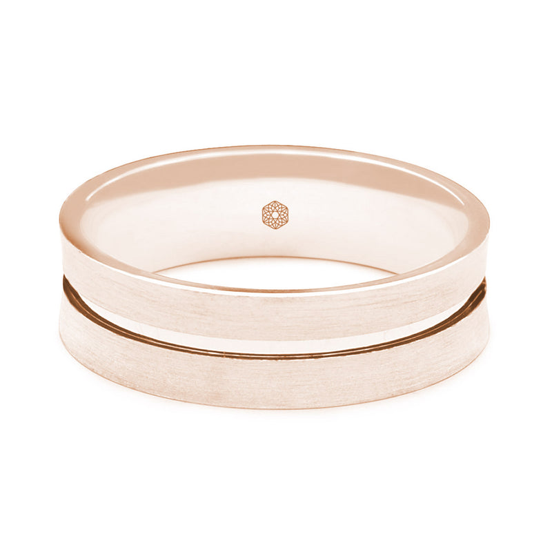 Horizontal Shot of Mens Matte Finish 9ct Rose Gold Flat Court Shape Wedding Ring With Central Flat Groove