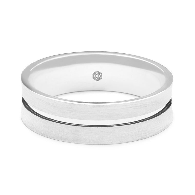 Horizontal Shot of Mens Matte Finish 9ct White Gold Flat Court Shape Wedding Ring With Central Flat Groove