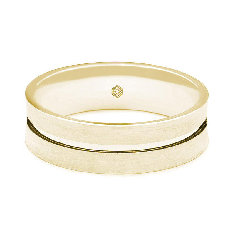 Horizontal Shot of Mens Matte Finish 9ct Yellow Gold Flat Court Shape Wedding Ring With Central Flat Groove