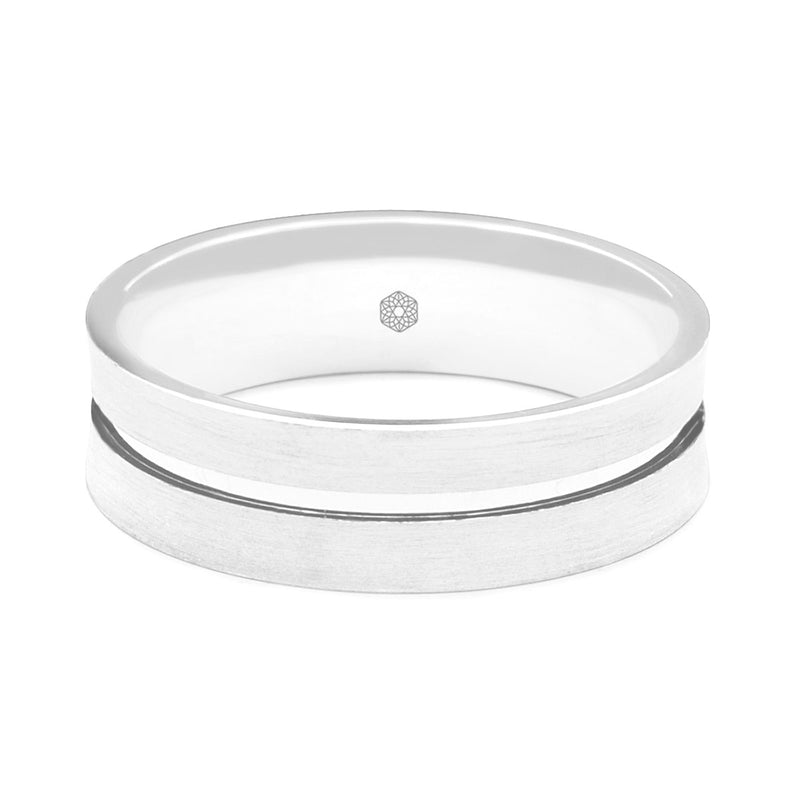 Horizontal Shot of Mens Matte Finish Platinum 950 Flat Court Shape Wedding Ring With Central Flat Groove