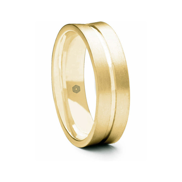 Mens Matte Finish 18ct Yellow Gold Flat Court Shape Wedding Ring With Central Flat Groove