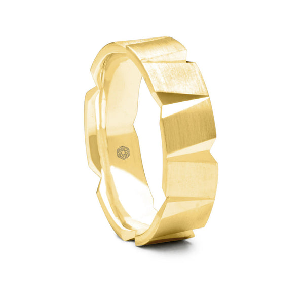 Mens Matte Finish 9ct Yellow Gold Flat Court Shape Wedding Ring With V Shaped Cut-Outs
