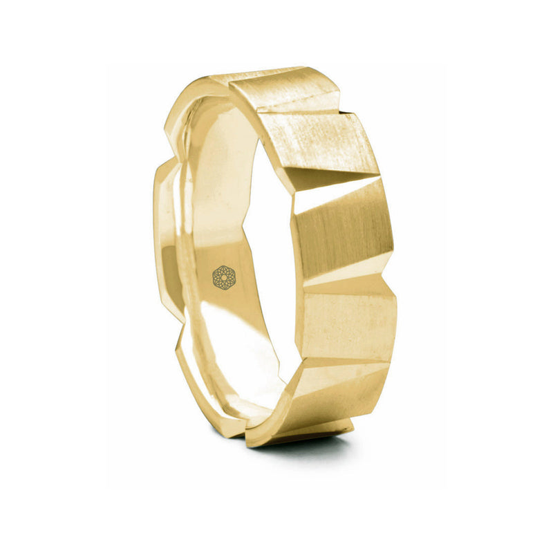 Mens Matte Finish 18ct Yellow Gold Flat Court Shape Wedding Ring With V Shaped Cut-Outs