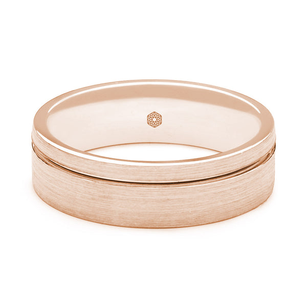 Horizontal Shot of Mens Satin Finish 9ct Rose Gold Flat Court Shape Wedding Ring With Off-Set Groove