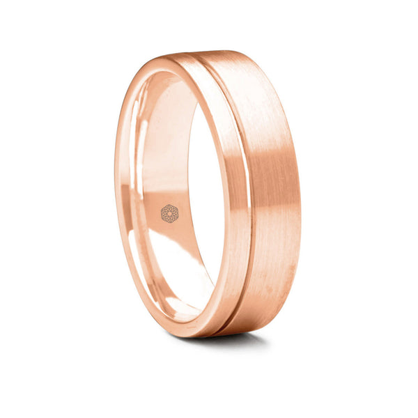 Mens Satin Finish 9ct Rose Gold Flat Court Shape Wedding Ring With Off-Set Groove