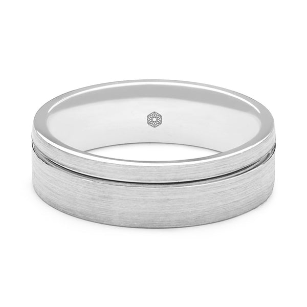 Horizontal Shot of Mens Satin Finish 9ct White Gold Flat Court Shape Wedding Ring With Off-Set Groove