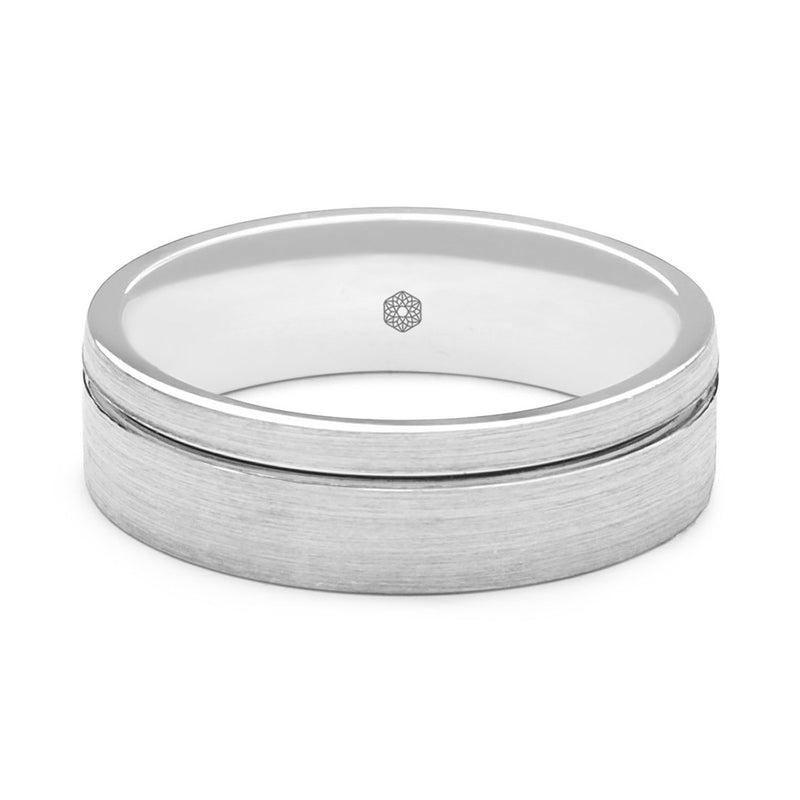 Horizontal Shot of Mens Satin Finish 9ct White Gold Flat Court Shape Wedding Ring With Off-Set Groove