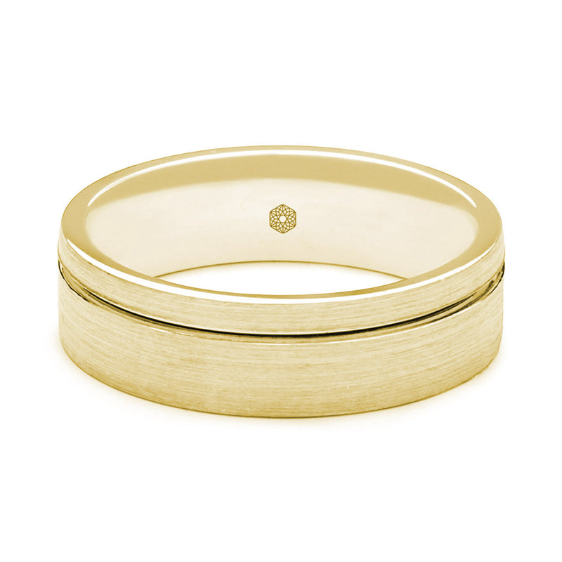 Horizontal Shot of Mens Satin Finish 9ct Yellow Gold Flat Court Shape Wedding Ring With Off-Set Groove