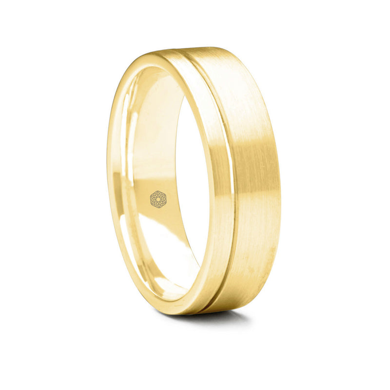 Mens Satin Finish 9ct Yellow Gold Flat Court Shape Wedding Ring With Off-Set Groove