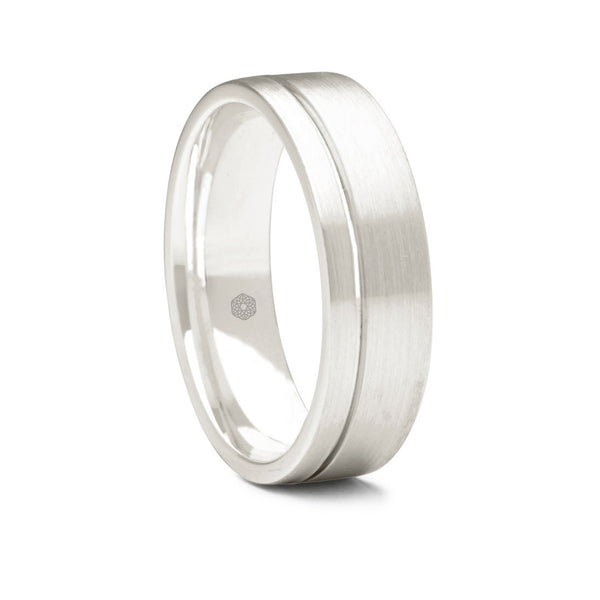 Mens Satin Finish Platinum 950 Flat Court Shape Wedding Ring With Off-Set Groove