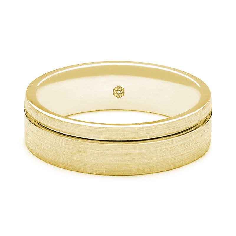 Horizontal Shot of Mens Satin Finish 18ct Rose Gold Flat Court Shape Wedding Ring With Off-Set Groove
