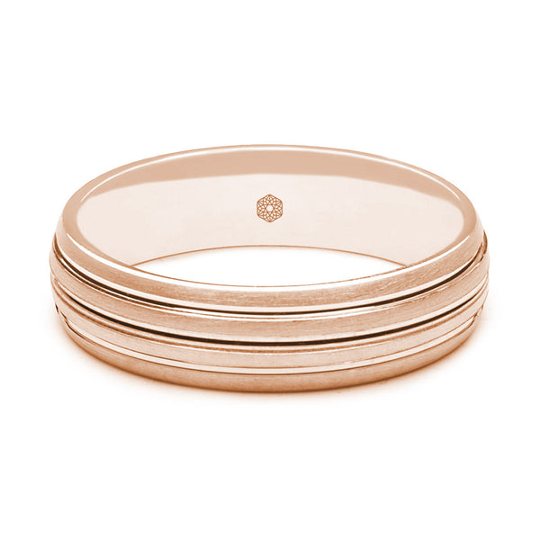 Horizontal Shot of Mens Matte Finish 9ct Rose Gold Court Shape Wedding Ring With Three Grooves