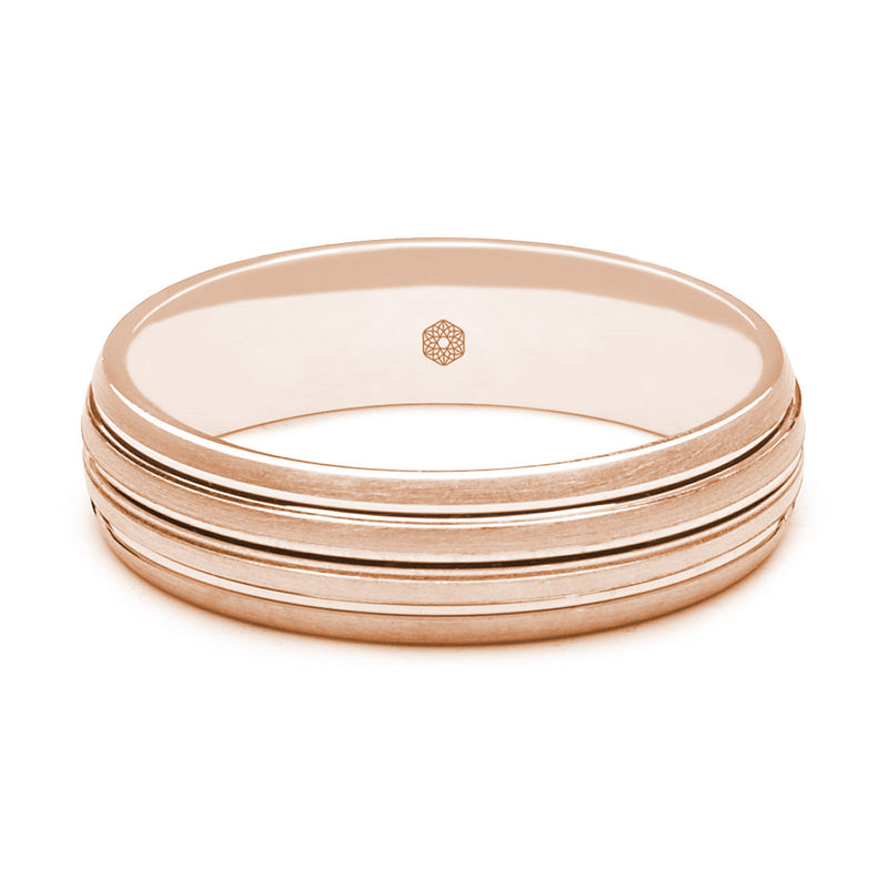 Horizontal Shot of Mens Matte Finish 9ct Rose Gold Court Shape Wedding Ring With Three Grooves