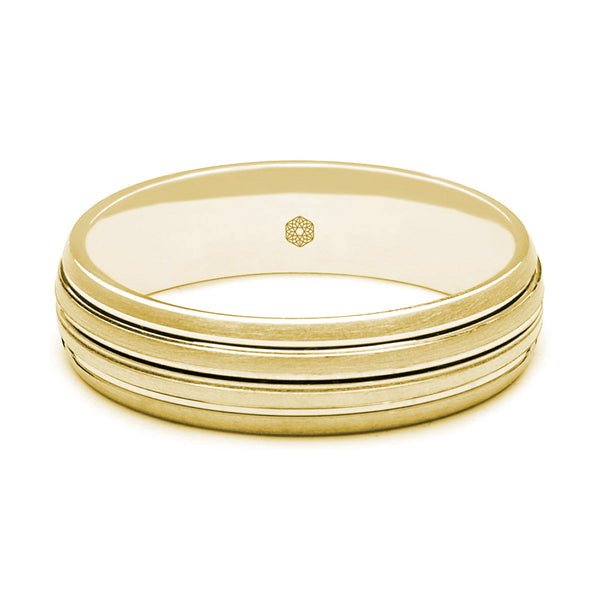 Horizontal Shot of Mens Matte Finish 9ct Yellow Gold Court Shape Wedding Ring With Three Grooves