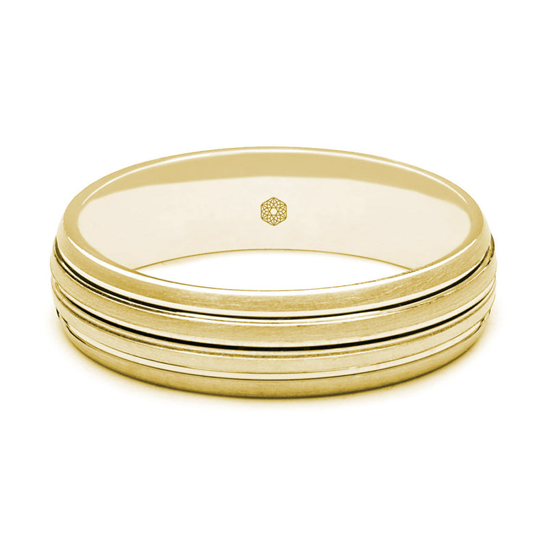 Horizontal Shot of Mens Matte Finish 9ct Yellow Gold Court Shape Wedding Ring With Three Grooves