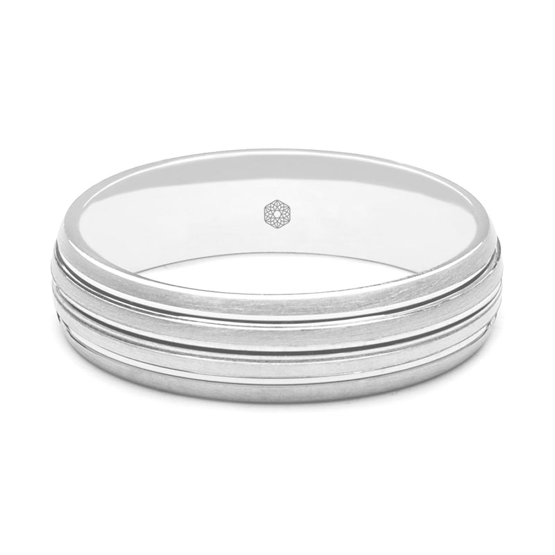 Horizontal Shot of Mens Matte Finish Platinum 950 Court Shape Wedding Ring With Three Grooves