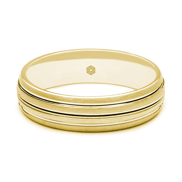 Horizontal Shot of Mens Matte Finish 18ct Rose Gold Court Shape Wedding Ring With Three Grooves