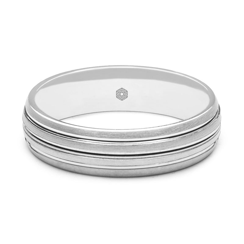 Horizontal Shot of Mens Matte Finish 18ct White Gold Court Shape Wedding Ring With Three Grooves