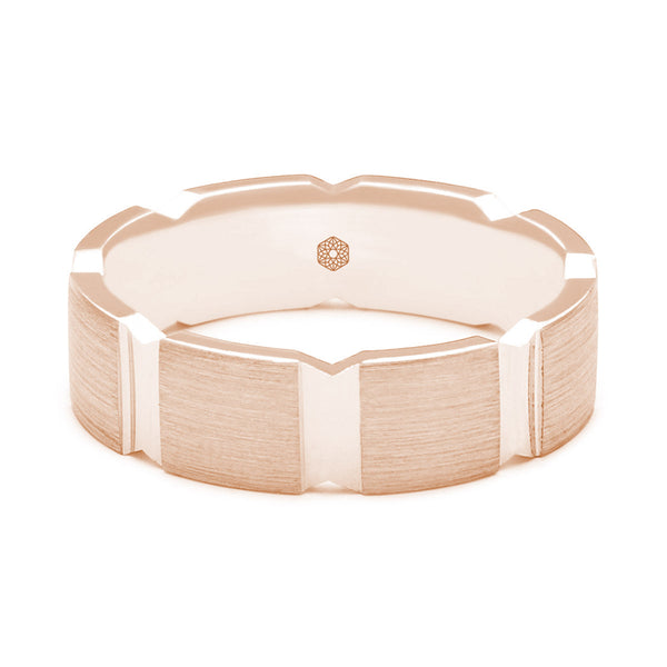Horizontal Shot of Mens Matte Finish 9ct Rose Gold Flat Court Shape Wedding Ring With Broad Vertical Grooves